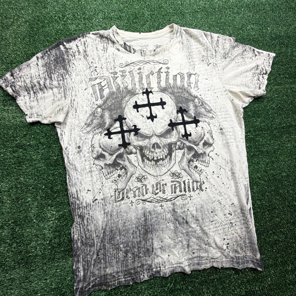 VTG Y2K Affliction Dead Alive Skull Cross Graphic T-Shirt Men L Distressed White